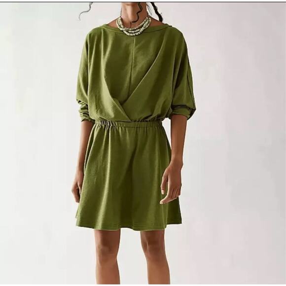 Free People NWOT Santa Maria Mini dress olive Oversized Medium Boho Coastal New - Picture 1 of 9